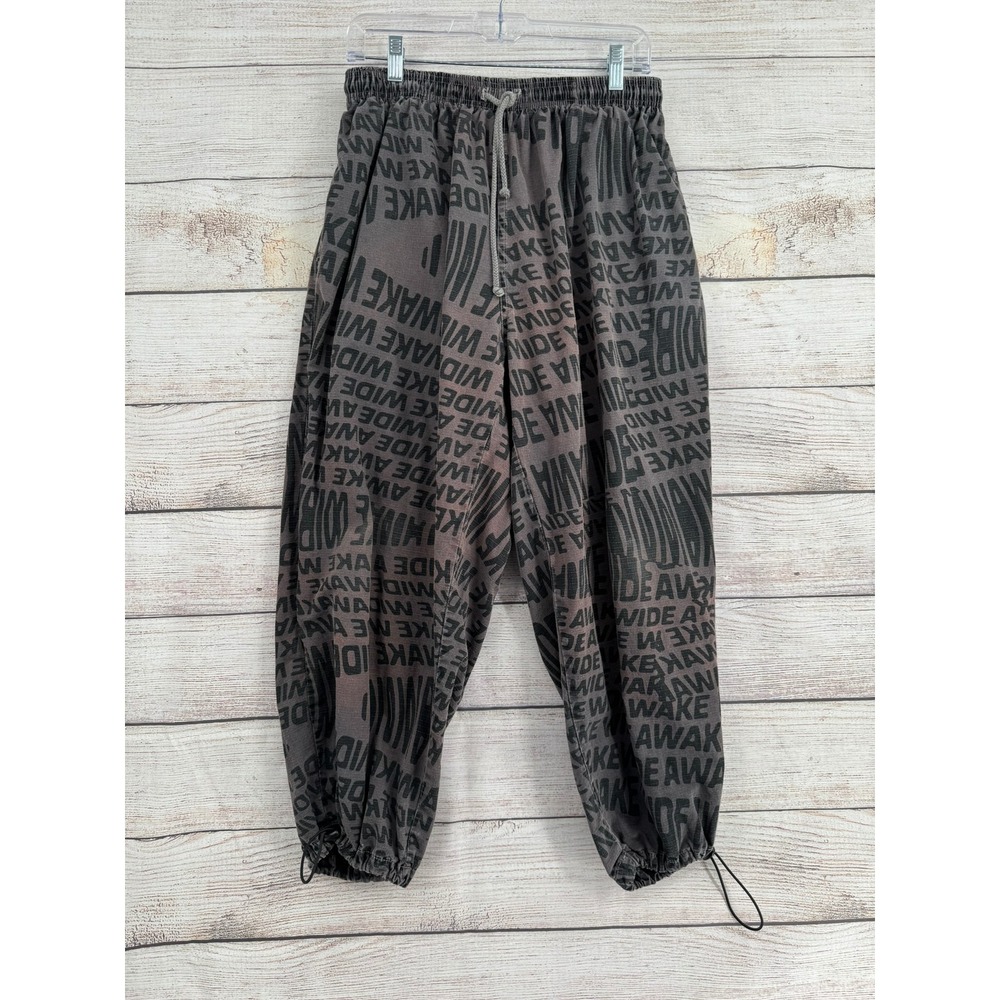 Vintage Insomniac Joggers Mens L Gray Wide Awake All Over Print Baggy Ripstop